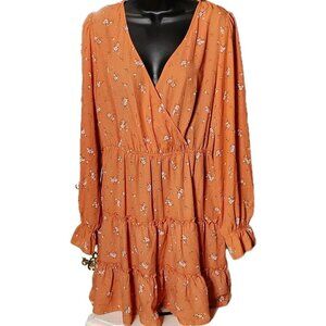 Coral Juniors XL Boho Floral Ruffle Tiered Whimsical Cottagecore Dress v neck